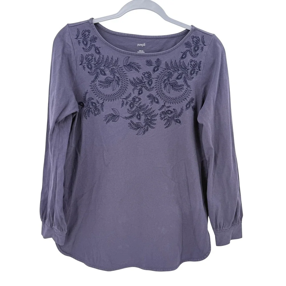 J Jill Pure Jill Purple Cotton Embroidered Neckline Tunic Long Sleeve Top Sz S